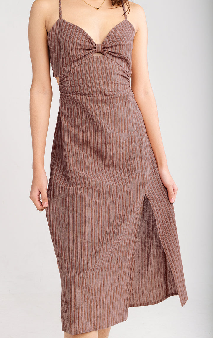 Striped Midi Dress with Slit, Side Cut Outs, and Strappy Sleeves in Crumpled Cotton for Teen Girls