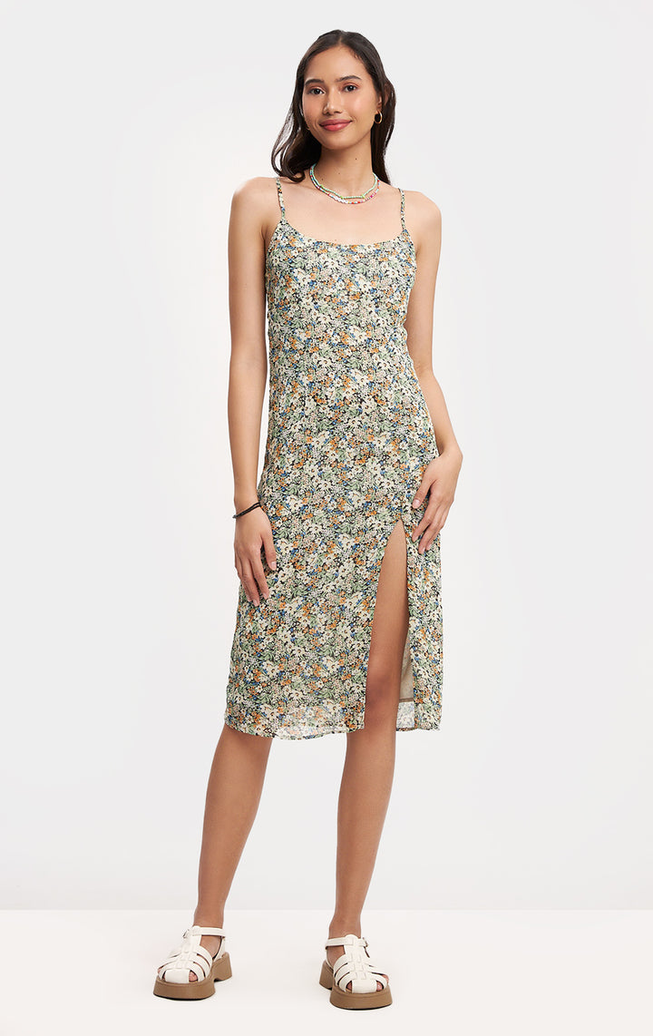 Floral Chiffon Midi Slip Dress with Slit for Teen Girls - Cotton Chiffon, Strappy Sleeves, Scoop Neckline, Midi Length