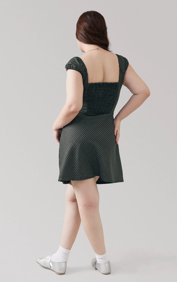 Full back view of the multicolor checkered short dress with elastic back and puff sleeves by Just G Philippines