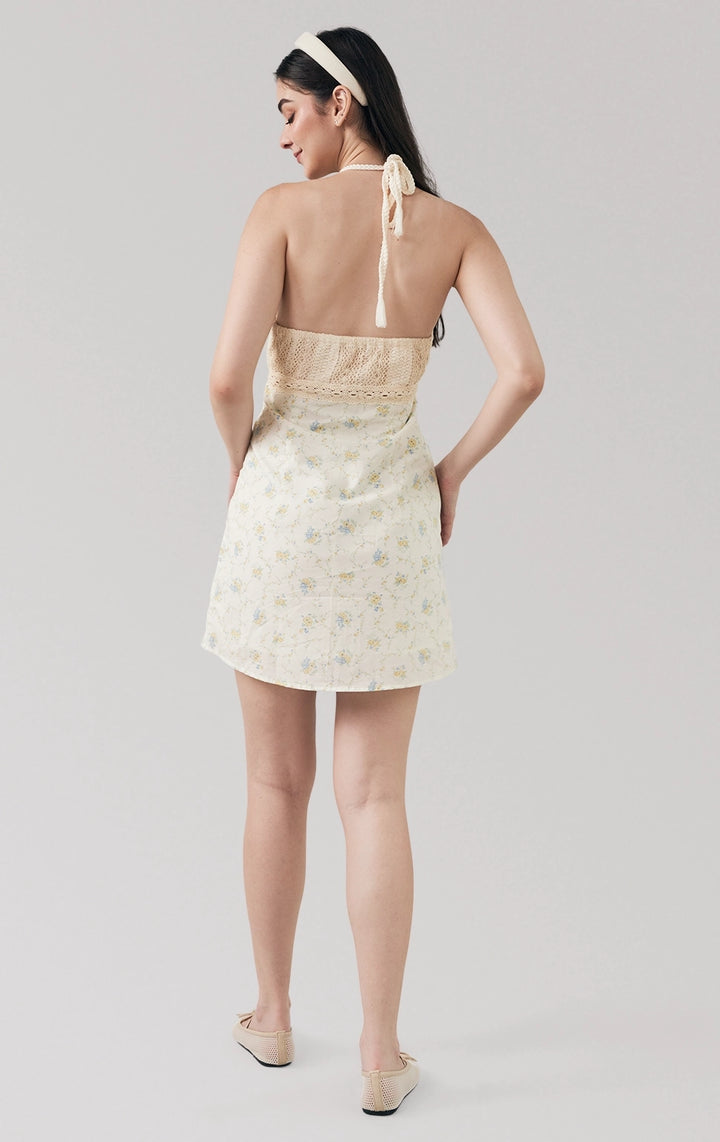 Full back view of Crochet-Like and Floral Print Poplin Halter Short Dress, showing cotton cord straps and mini hemline. From Just G Philippines.