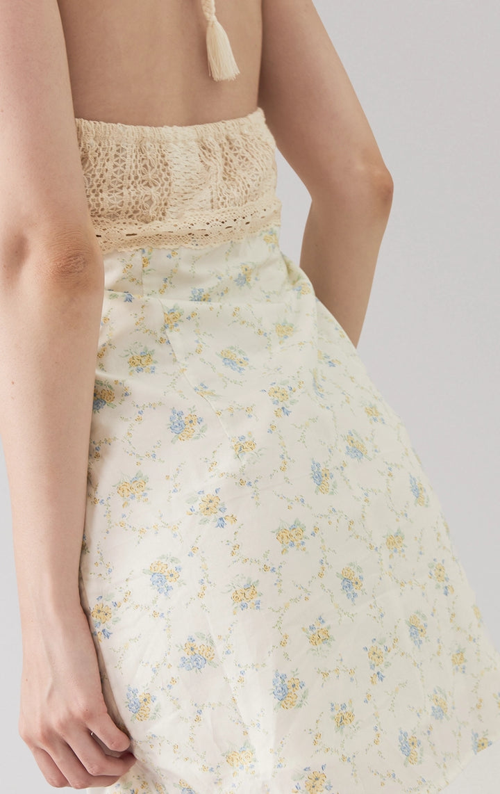 Close-up of back details of Crochet-Like and Floral Halter Dress, featuring cotton cord tie and soft poplin texture. From Just G Philippines.
