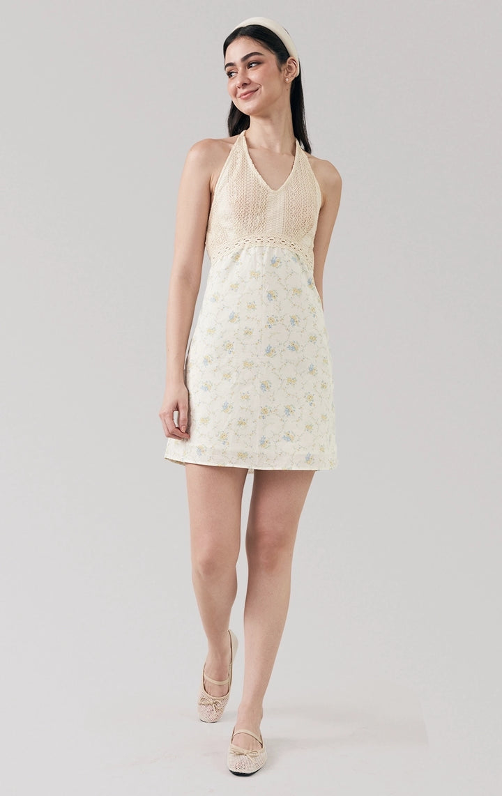 Full front view of Combi Crochet-Like and Vintage Floral Poplin Halter Short Dress, featuring halter neckline and floral print. From Just G Philippines.