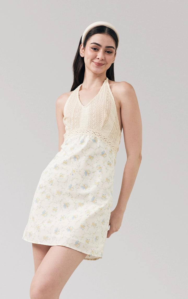 Stylized photo of Combi Crochet-Like and Vintage Floral Poplin Halter Short Dress from Just G Philippines’ Back to School collection—light, textured, and sweet.