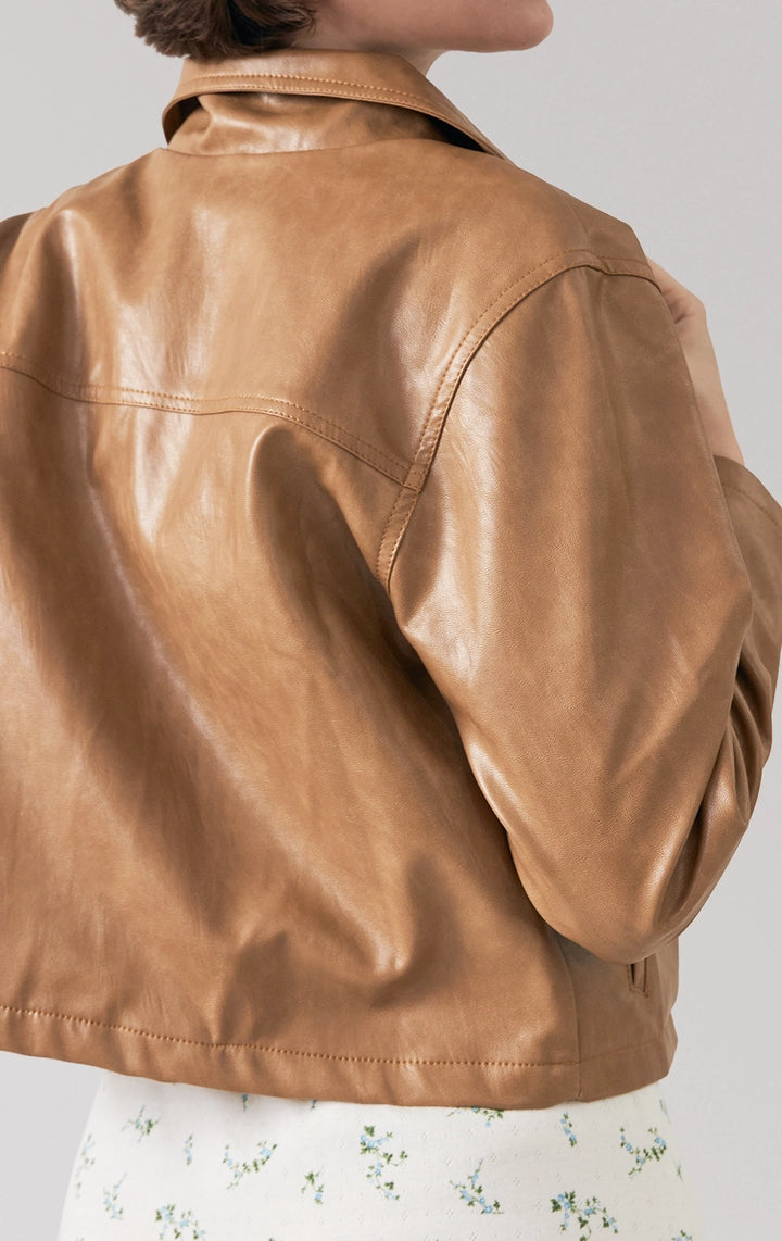 Close-up of back details of Oiled Leather Wide Collar Zip-Up Jacket for women, focusing on the material texture and back seam lines from Just G Philippines.