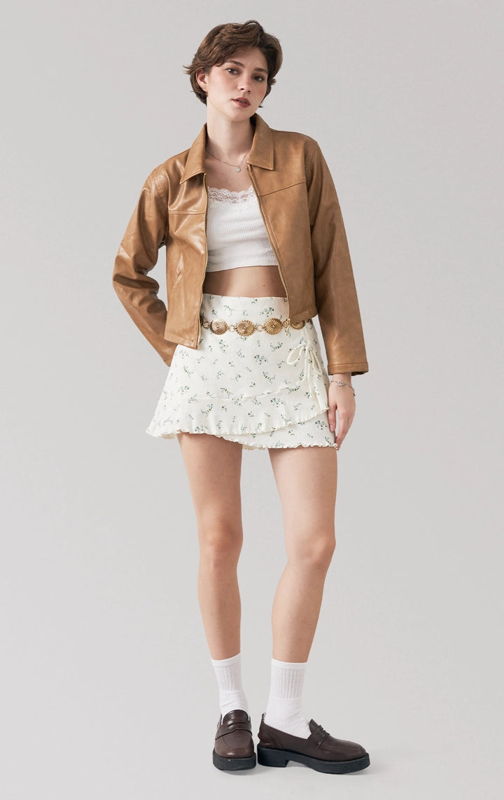 Full front view of model in Oiled Leather Wide Collar Zip-Up Jacket for women, highlighting the structured fit and zip-up closure from Just G Philippines.