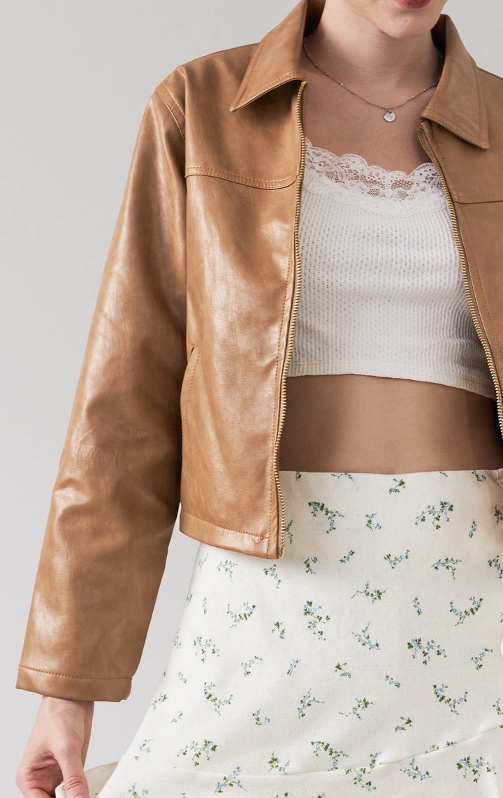 Close-up of front details of Oiled Leather Wide Collar Zip-Up Jacket for women, showing the oiled finish, zip hardware, and collar from Just G Philippines.
