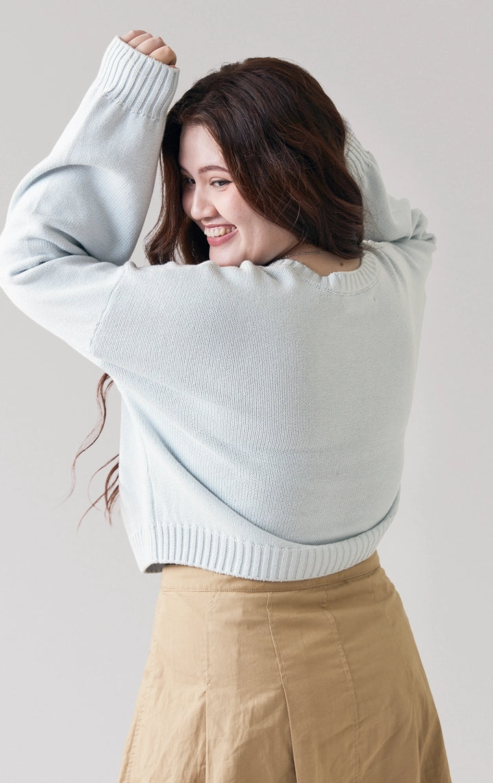 Full back view of blue Chunky Knit Cardigan With Flower Bullion Embroidery, highlighting the delicate floral bullion embroidery from the Back to School collection by Just G Philippines.