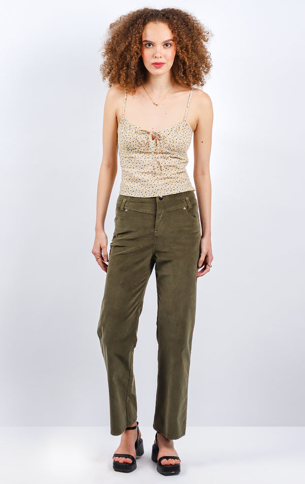 CORDUROY STRAIGHT LEG PANTS WITH FRONT YOKE AND RAW HEM