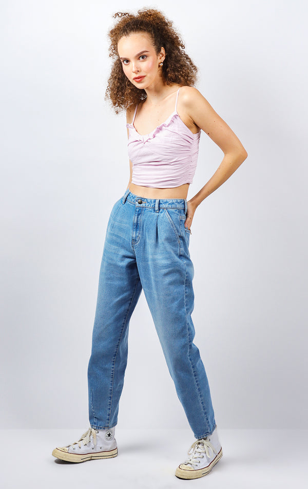 HIGH WAISTED BALOON FIT DENIM JEANS WITH PLEATS