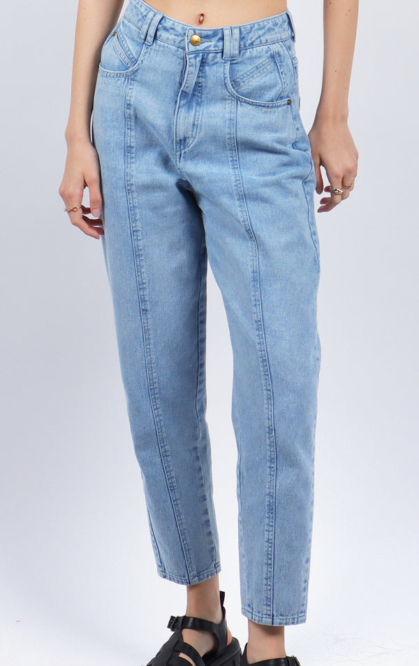 HIGH WAISTED BALLOON FIT DENIM JEANS WITH CUT AND SEW DETAIL