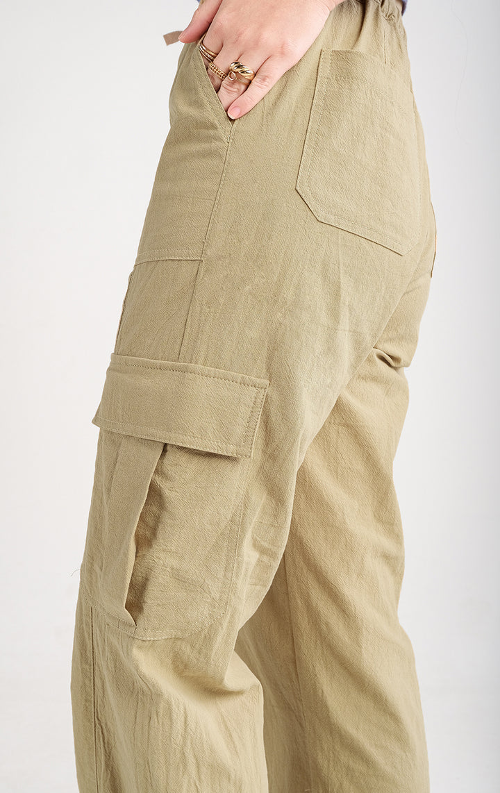 Straight Fit Textured Twill Cargo Pants in Brown for Teen Girls, Full Length