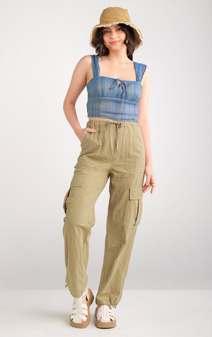 Straight Fit Textured Twill Cargo Pants in Brown for Teen Girls, Full Length