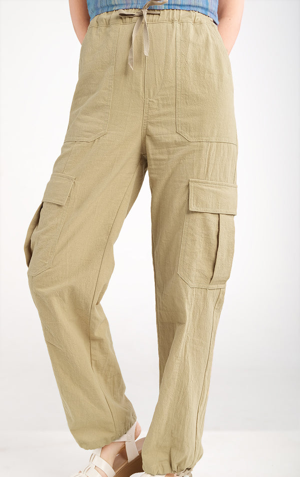 Straight Fit Textured Twill Cargo Pants in Brown for Teen Girls, Full Length