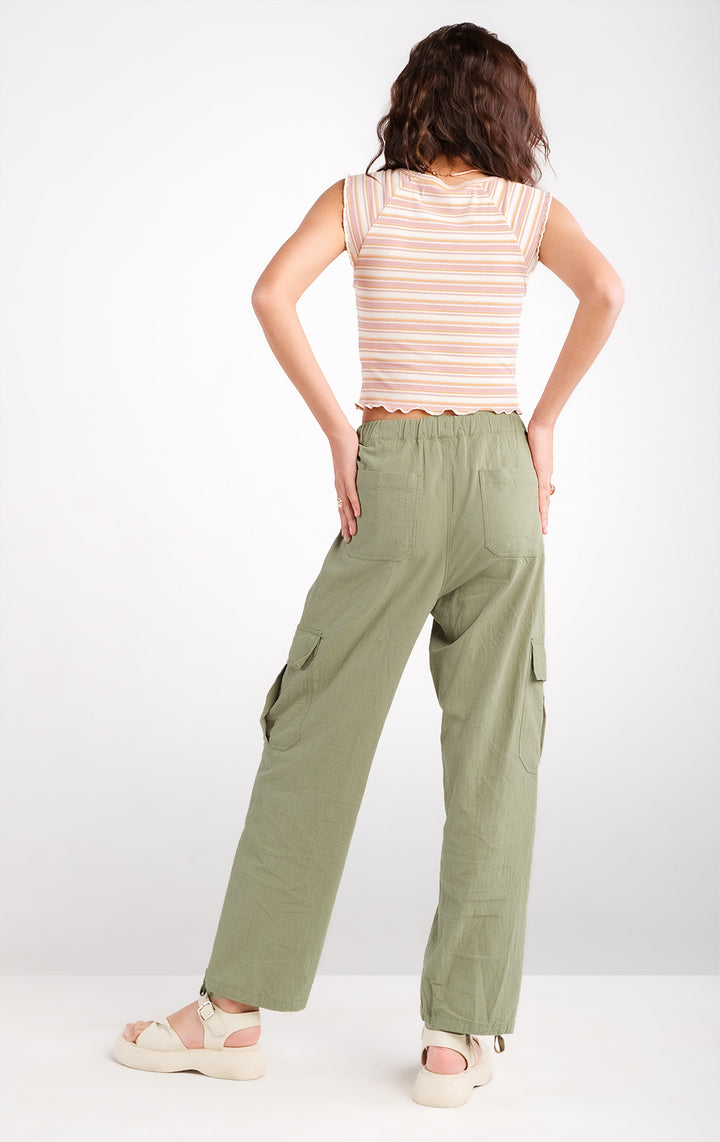 Straight Fit Textured Twill Cargo Pants in Green for Teen Girls, Full Length