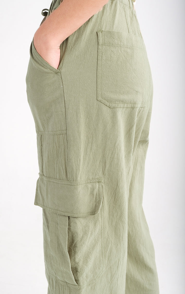 Straight Fit Textured Twill Cargo Pants in Green for Teen Girls, Full Length