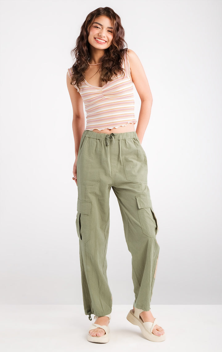 Straight Fit Textured Twill Cargo Pants in Green for Teen Girls, Full Length