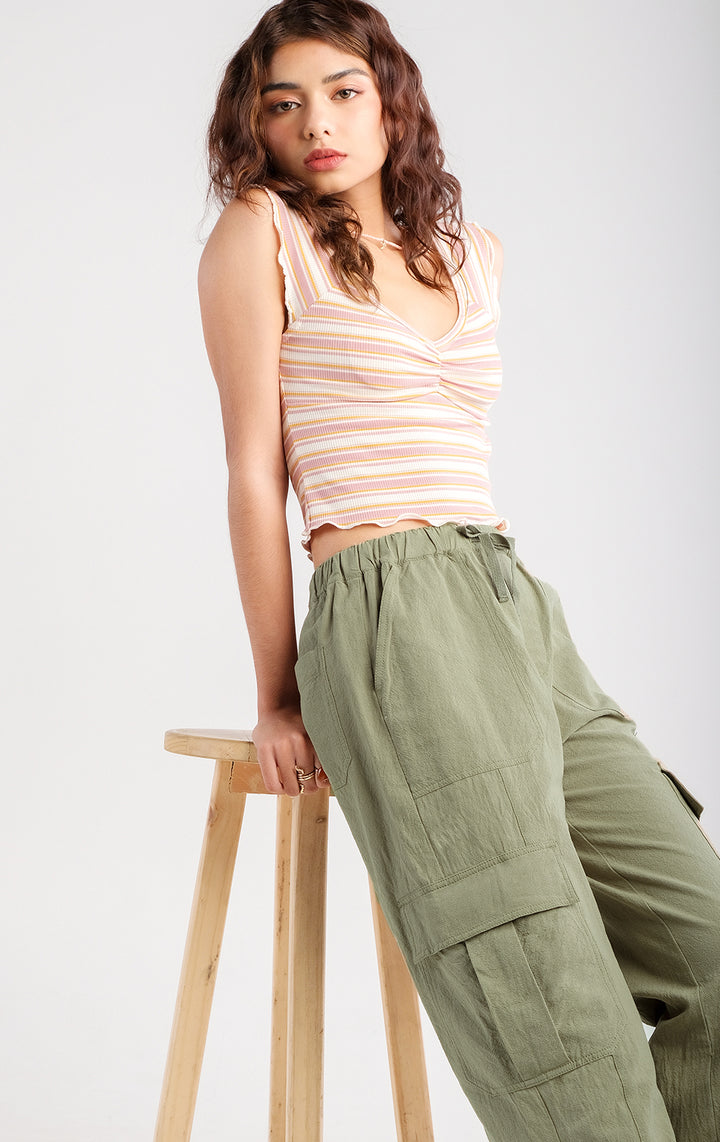 Straight Fit Textured Twill Cargo Pants in Green for Teen Girls, Full Length