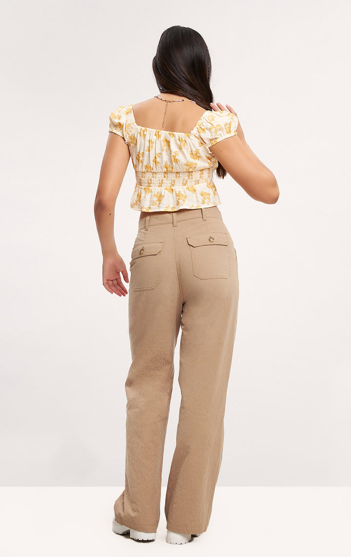 Straight Leg Carpenter Pants for Teen Girls - Brown Crumpled Cotton, Full Length, Straight Fit