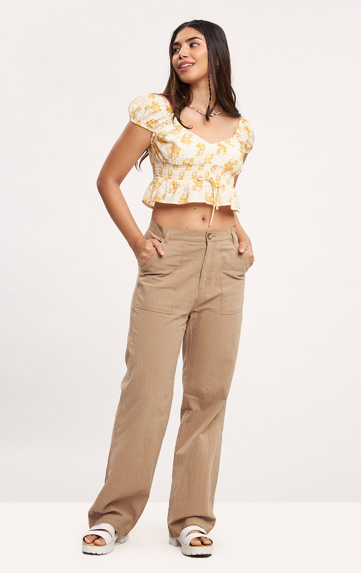 Straight Leg Carpenter Pants for Teen Girls - Brown Crumpled Cotton, Full Length, Straight Fit