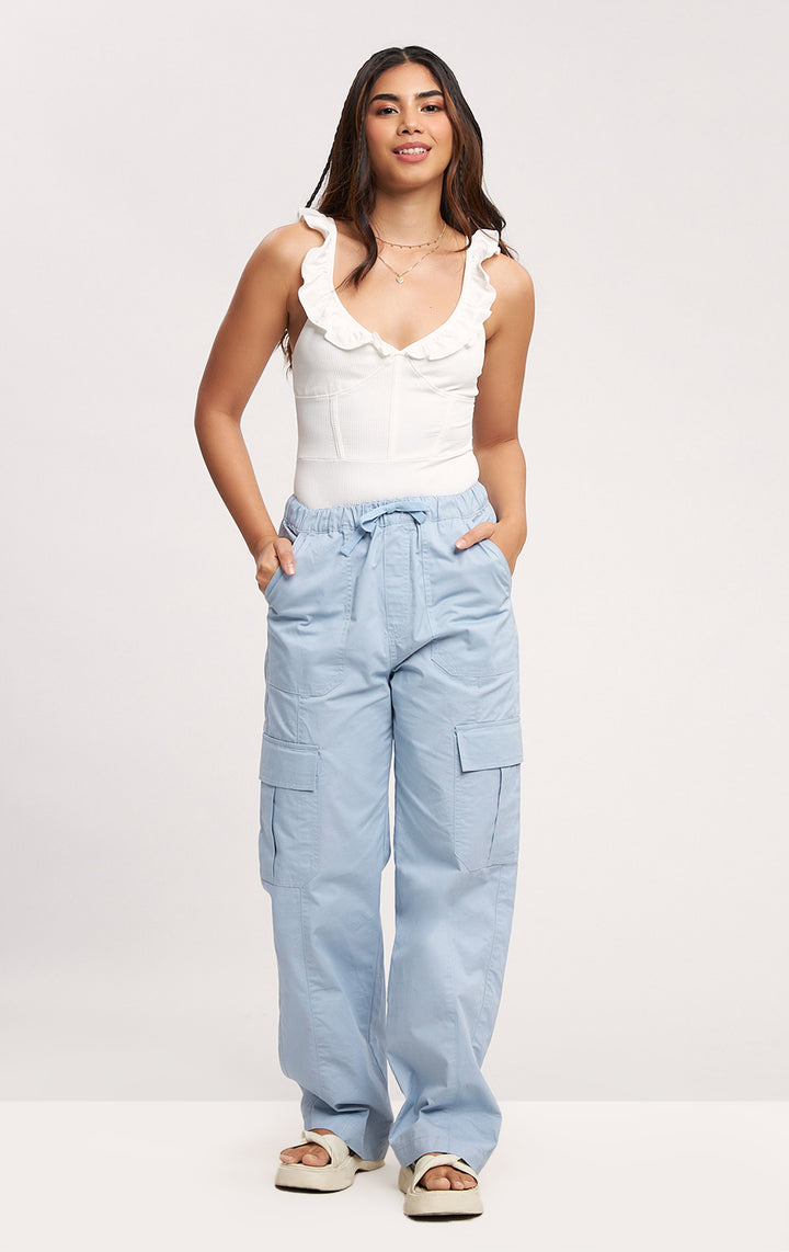 Straight Leg Cargo Pants for Teen Girls - Blue Twill, Full Length, Straight Fit