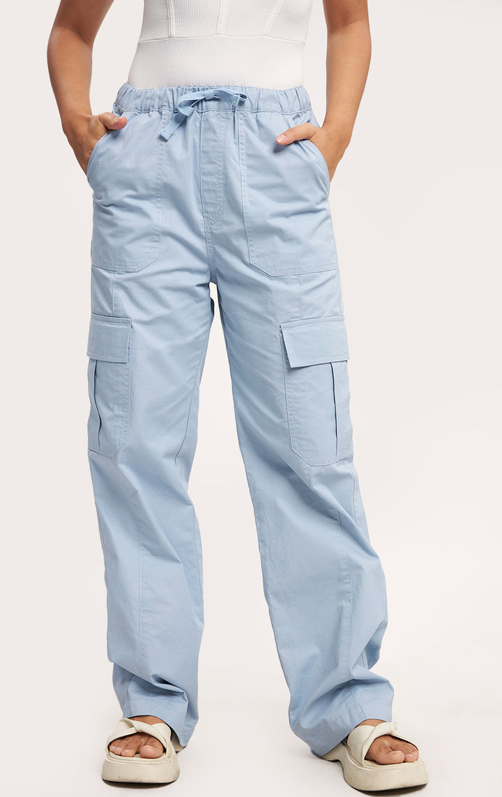 Straight Leg Cargo Pants for Teen Girls - Blue Twill, Full Length, Straight Fit