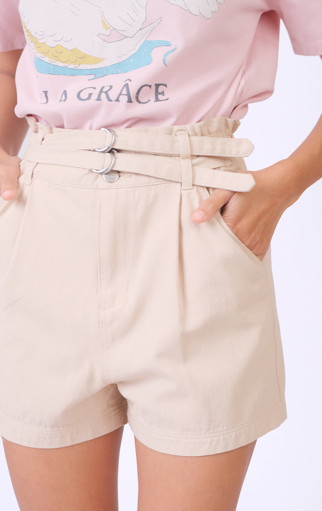 TWILL DOUBLE BELTED PAPERBAG SHORTS