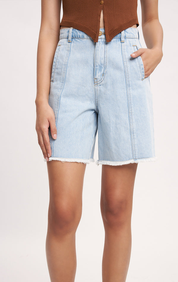 Blue High-Waisted Denim Jorts with Cut and Sew Detail for Teen Girls - Denim, Above the Knee Length