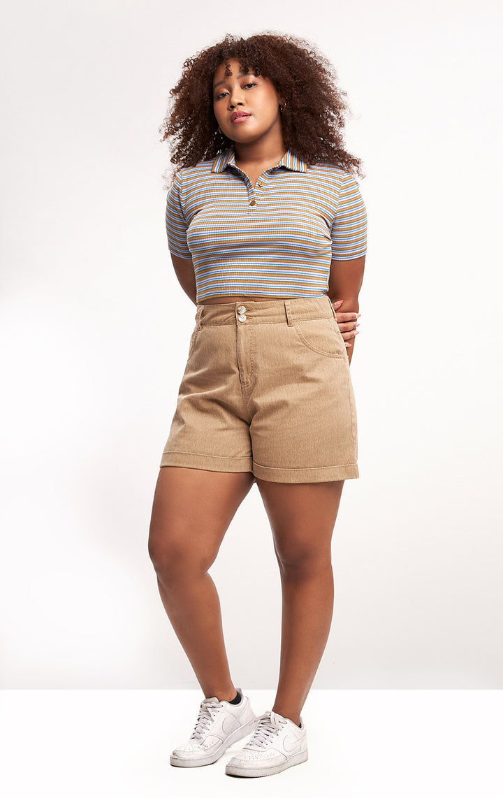 Tan High-Waisted Twill Shorts for Teen Girls - Twill Fabric, Above the Knee Length