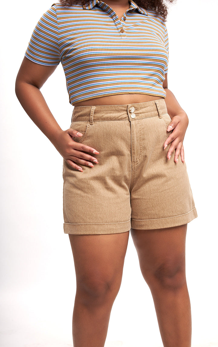 Tan High-Waisted Twill Shorts for Teen Girls - Twill Fabric, Above the Knee Length