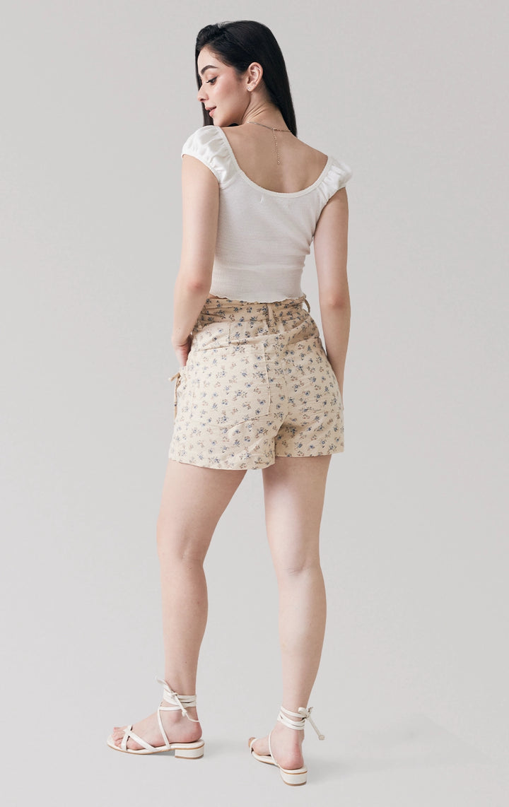 Full back view of the Floral Print Peached Canvas Paperbag Short, showing the relaxed fit and back pocket detailing from Just G Philippines.