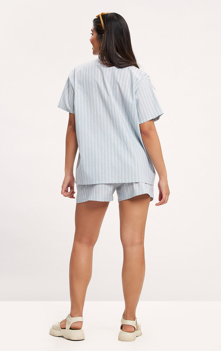 Blue Striped Linen Resort Shirt and Shorts Set for Teen Girls - Linen, Short Sleeves, Button Down Collar