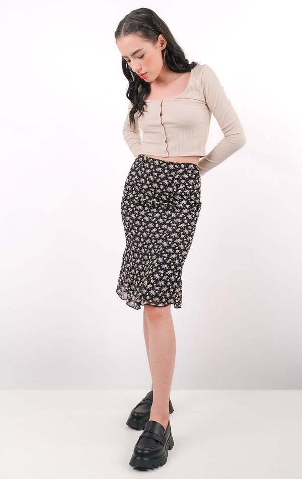 FLORAL MIDI SKIRT WITH LETTUCE HEM