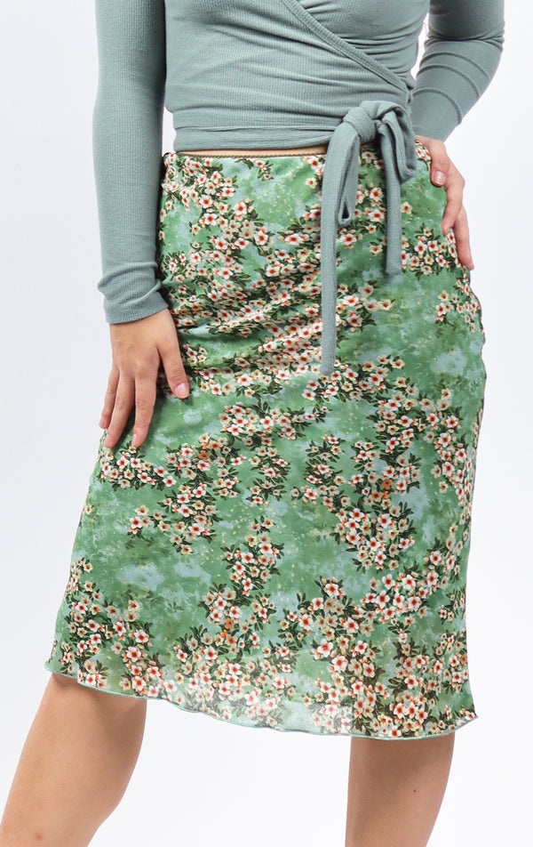 90S FLORAL MIDI SKIRT WITH LETTUCE HEM