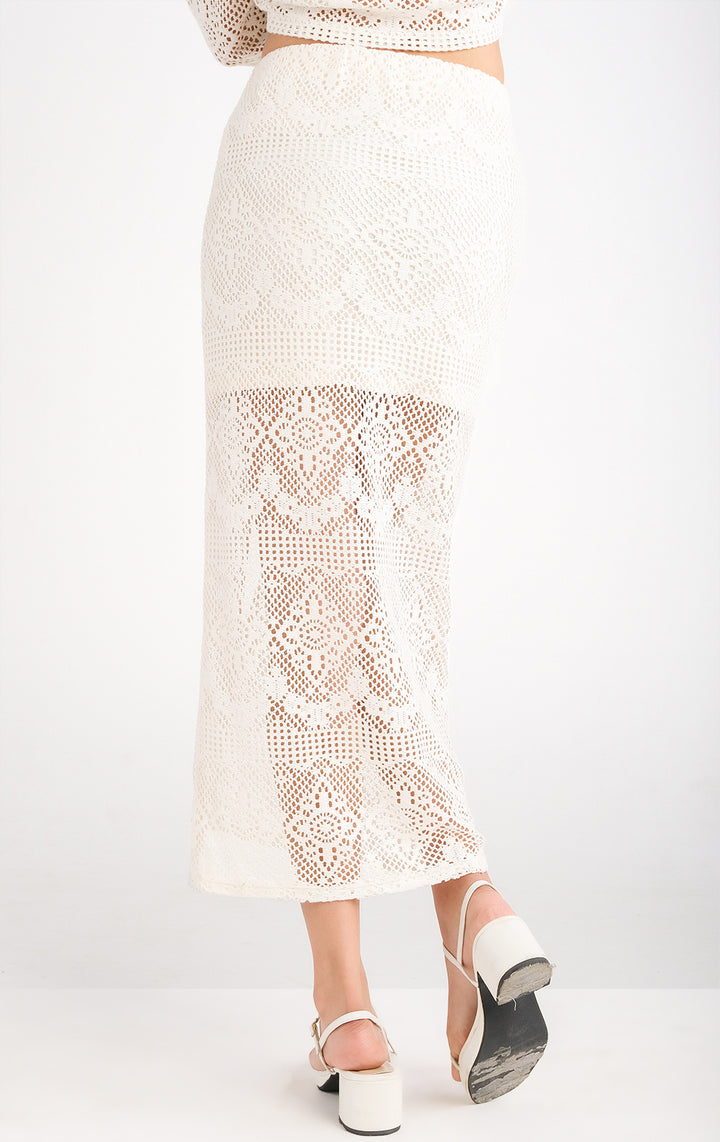 Crochet Maxi Skirt with Slit in White Combed Cotton, Maxi Length for Teen Girls