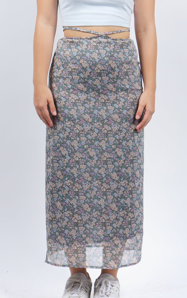 FLORAL TIE WAIST MIDI SKIRT