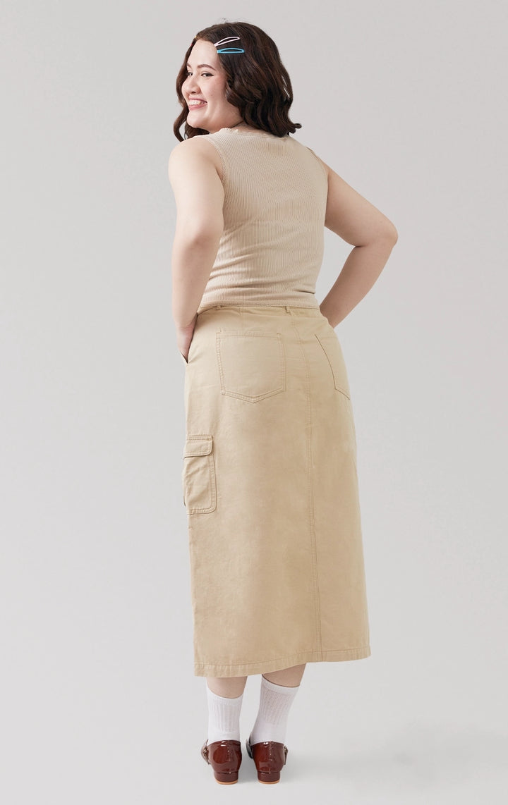 Full back view of the brown Mid Waist Cargo Midi Skirt with Front Slit, showcasing back seam and cargo pocket styling from Just G Philippines.