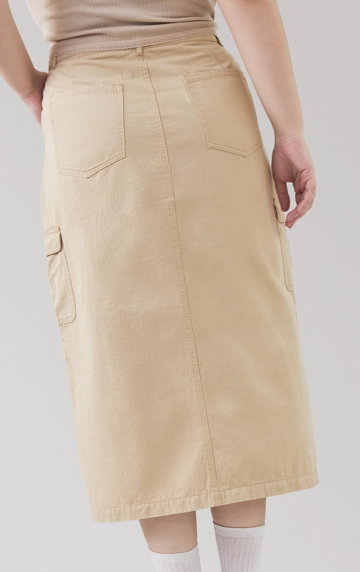 Close-up of back details of the brown Mid Waist Cargo Midi Skirt with Front Slit, showing waistband and pocket finish from Just G Philippines.