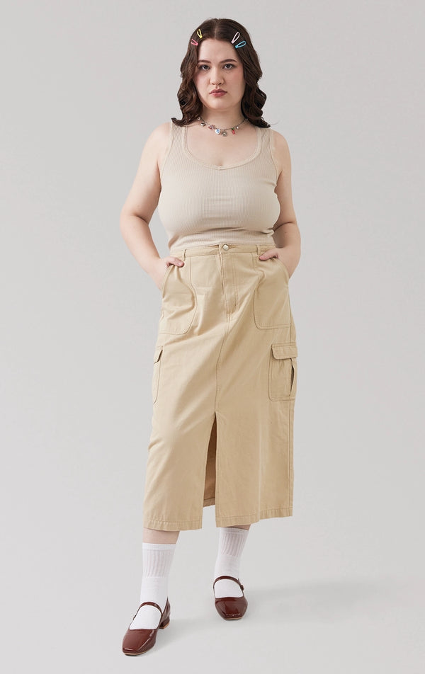 Full front view of the brown Mid Waist Cargo Midi Skirt with Front Slit, highlighting its utility-style details and relaxed silhouette from Just G Philippines.