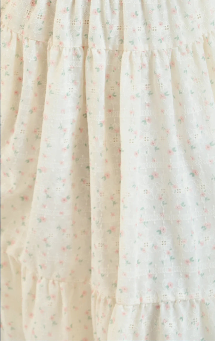 Back detail close-up of the high waist floral embroidered tiered midi peasant skirt focusing on the intricate stitching and layered finish by Just G Philippines