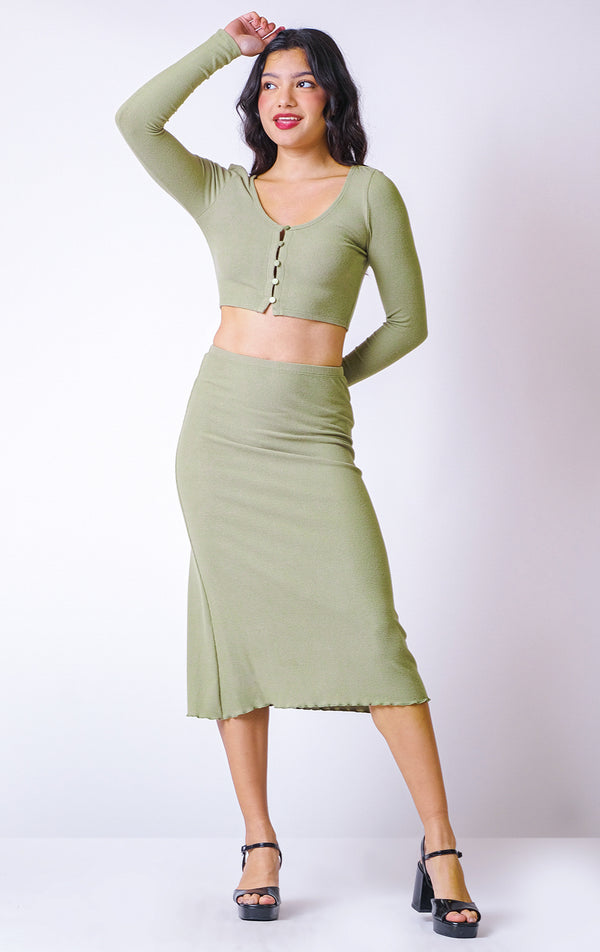 RIBBED LONG SLEEVES CARDIGAN AND MIDI SKIRT SET