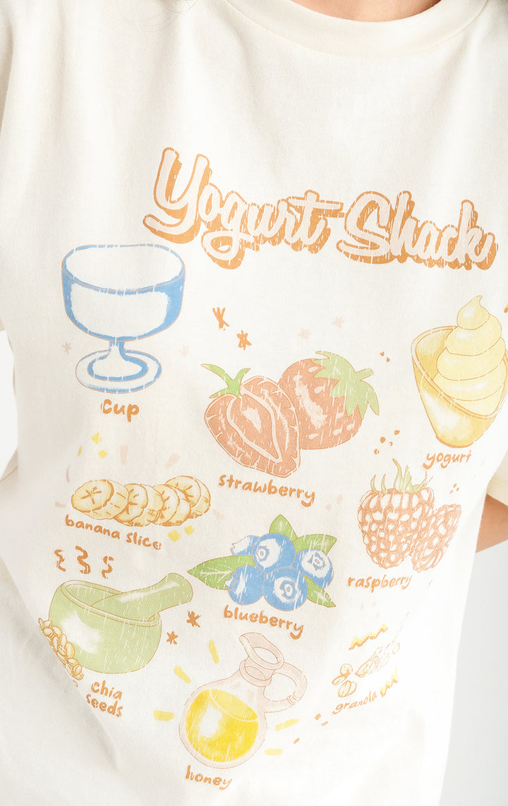 White Jersey Oversized Fit Yogurt Shack Tee for Teen Girls - Short Sleeves, Round Neck, Full Length