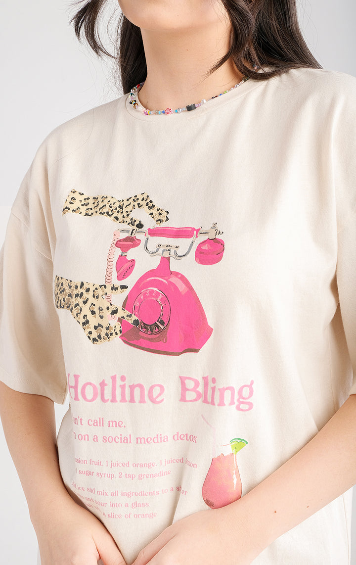 Pinkish White Jersey Oversized Fit Hotline Bling Tee for Teen Girls - Short Sleeves, Round Neck, Cropped Length