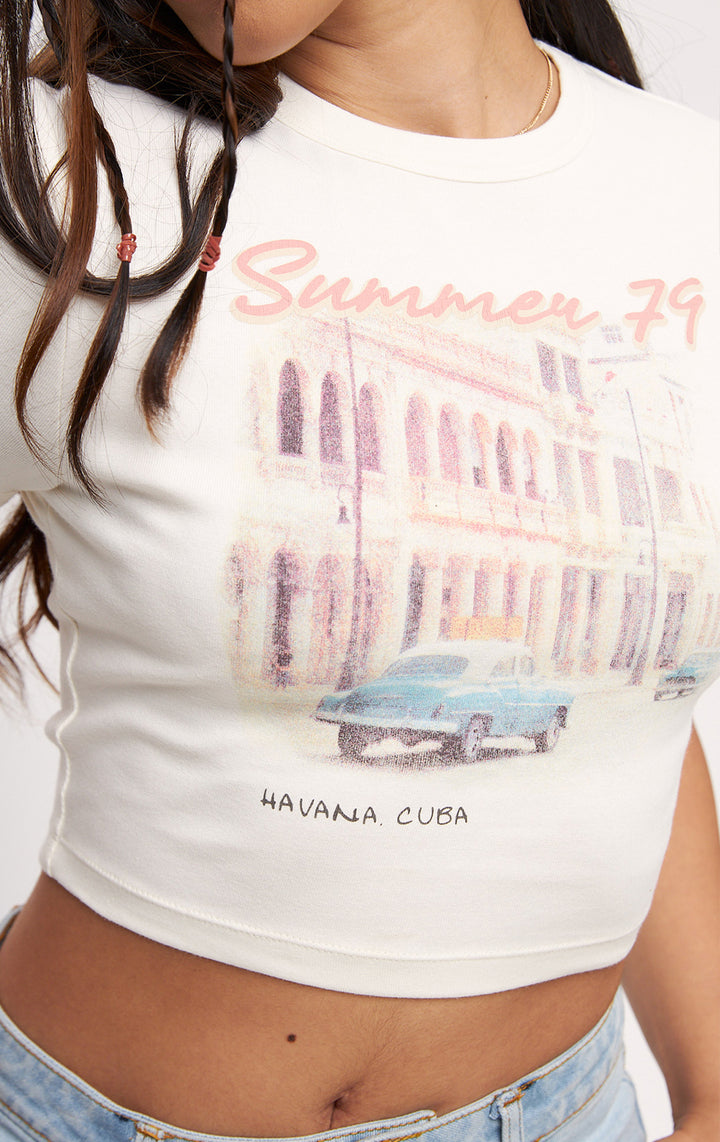 White Summer '79 Graphic Baby Tee for Teen Girls - Jersey, Short Sleeves, Round Neckline