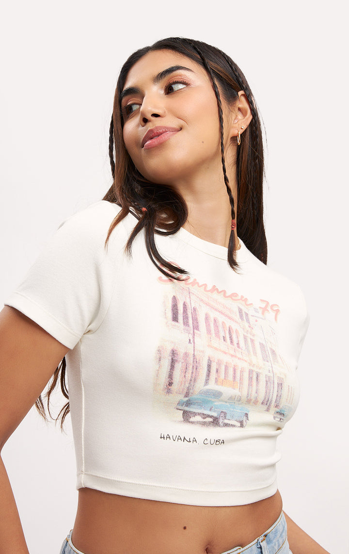 White Summer '79 Graphic Baby Tee for Teen Girls - Jersey, Short Sleeves, Round Neckline