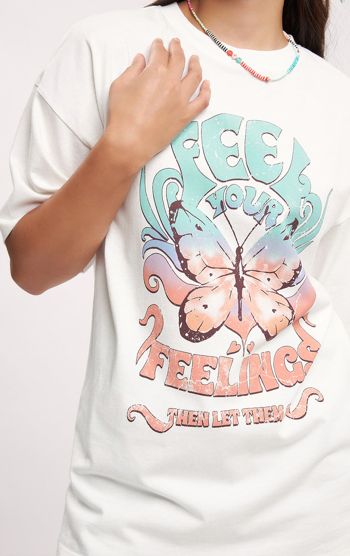 White 'Feel Your Feelings' Oversized Fit Graphic Tee for Teen Girls - Jersey, Short Sleeves, Round Neckline