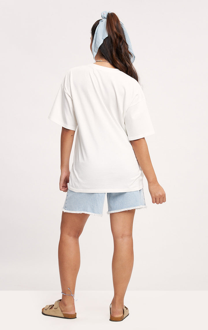 White 'Feel Your Feelings' Oversized Fit Graphic Tee for Teen Girls - Jersey, Short Sleeves, Round Neckline