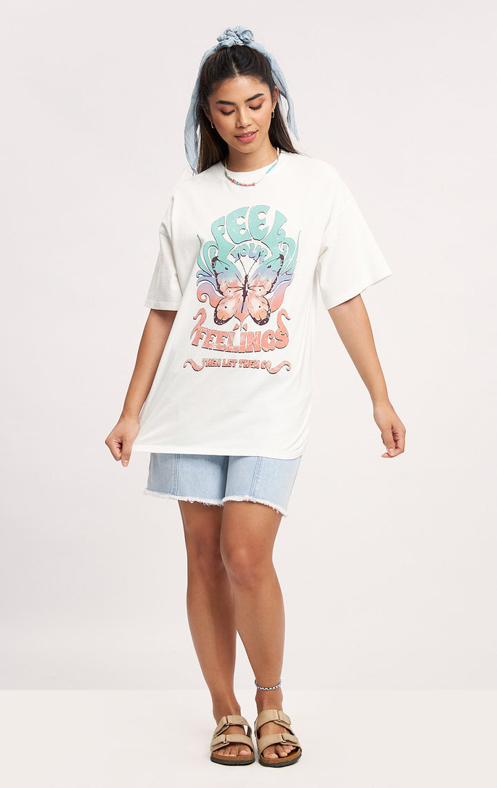 White 'Feel Your Feelings' Oversized Fit Graphic Tee for Teen Girls - Jersey, Short Sleeves, Round Neckline