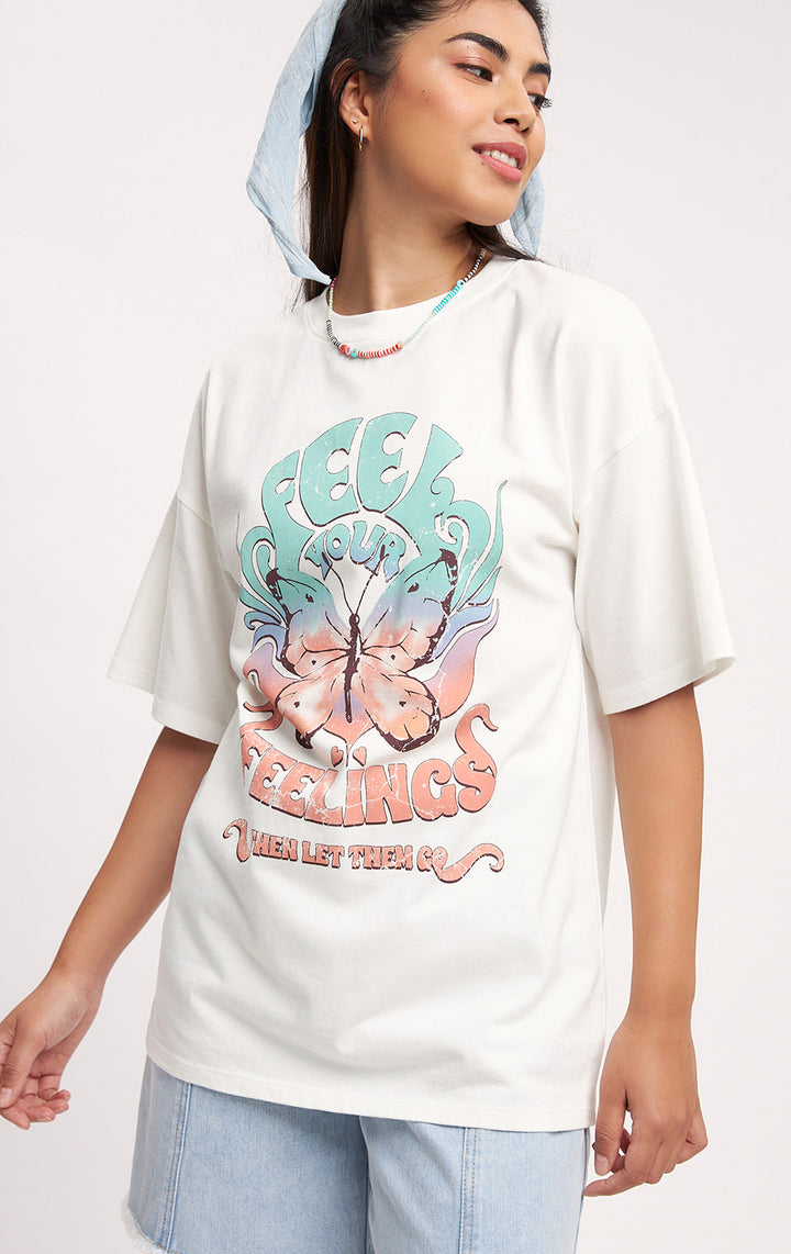 White 'Feel Your Feelings' Oversized Fit Graphic Tee for Teen Girls - Jersey, Short Sleeves, Round Neckline