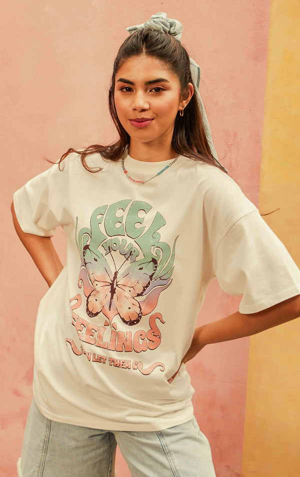 White 'Feel Your Feelings' Oversized Fit Graphic Tee for Teen Girls - Jersey, Short Sleeves, Round Neckline