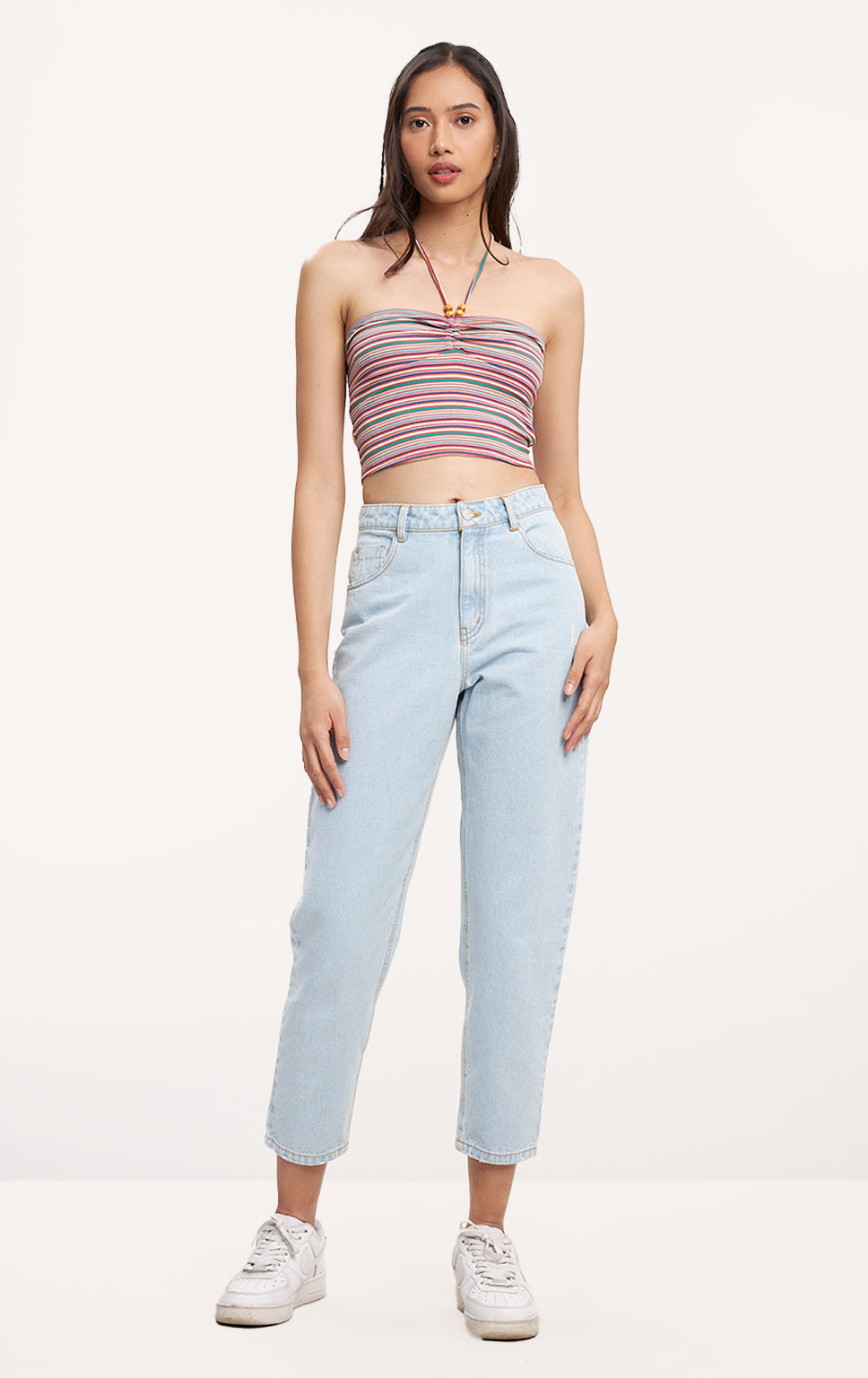 STRIPED HALTER TOP WITH BEADED STRAPS